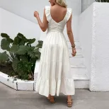 Sleeveless V Neck White Dress Simple Design Beach Vacation Style Lightweight Fabric Wholesale Av