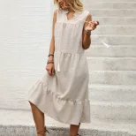 Sleeveless Straight Maxi Dress Solid Color Khaki Casual Beach Vacation low MOQ