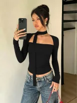 American Style Long Sleeve Crop Top Square Neck Slim Fit Adjustable Tie Soft Fabric Casual Wear