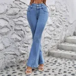 Womens Stretchy Casual Straight Leg Denim Pants Versatile Design Comfortable Fit Trendy Style Wh