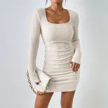 Knitted Long Sleeve Dress Square Neck Bodycon Fit Short Length Spring Summer Fashion for Women W
