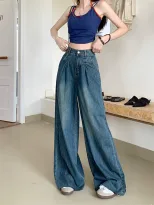 复古垂感牛仔裤女2023春秋设计感高腰辣妹宽松直筒拖地阔腿长裤