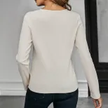 Womens Fitted Long Sleeve T Shirt Waffle Fabric Solid Color Elegant Style Spring Summer Casual W