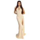 Summer Womens Dress Solid Color Elegant High Slit Slim Fit Stand Collar Perfect for Parties and