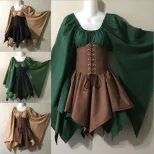 Renaissance Style Long Sleeve Dress Bell Sleeves Patchwork Design Elegant Fabric Perfect for Eve