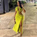 Fashionable Womens Dress Hollow Out Asymmetrical Hem Ruched Design Elegant Evening Wear Wholesal