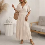 Casual Solid Color V Neck Pleated Maxi Dress Elegant Design Comfortable Fit Versatile Style Whol