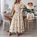 Floral Print Square Neck Short Sleeve Dress French Vacation Style Summer Collection Wholesale Av