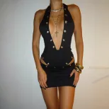 Womens Sexy Deep V Neck Hollow Out Halter Top and Bodycon Mini Skirt Set Autumn Collection Styli