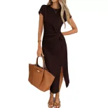 Elegant Brown Short Sleeve Midi Dress for Women Vintage Modern Style Waist Defining Side Slit Pe