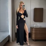 Elegant Hollow Out High Slit Long Sleeve Dress Solid Color Sexy Design Perfect for Spring Summer