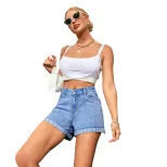 High Waisted Wide Leg Denim Shorts Casual Style Loose Fit Trendy Design Summer Wear for Women Wh