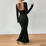 Elegant Long Sleeve Bodycon Dress with Deep U Neck and Front Tie Sexy Slim Fit Chic Style for Ev