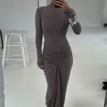 Elegant Solid Color Long Dress Slimming Fit Ruffled Design Perfect for Fall Winter Wholesale Ava