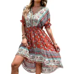 Summer Ethnic Print Irregular Dress Slim Fit Bohemian Style Vacation Wear Wholesale Available