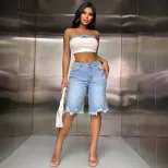 Fashionable Womens Distressed Wide Leg Straight Leg Denim Pants Frayed Hem Casual Style Wholesal