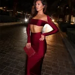 Chic Two Piece Set Strapless Crop Top Long Sleeve High Waist Bodycon Skirt Evening Wear Party Ou