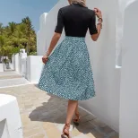 Summer Elegant Color Block Leopard Print Dress Half High Neck Fresh Style Versatile for Casual o