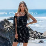 Polka Dot Sleeveless A Line Dress Slim Fit One Side Tie Off Shoulder Summer Casual Wear Wholesal