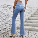 Womens Stretchy Casual Straight Leg Denim Pants Versatile Design Comfortable Fit Trendy Style Wh