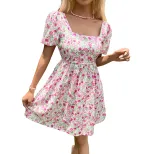 Summer Floral Print Dress Sweet Puff Sleeves Square Neckline Lightweight Fabric Perfect for Casu