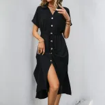 Summer Casual Shirt Dress Pocket Design Minimalist Style Solid Color Perfect for Everyday Wear W