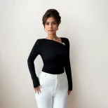 Asymmetrical Neck Long Sleeve Blouse Pleated Design Slim Fit Elegant Style Perfect for Spring an