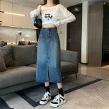 跨境水泥灰2024早春牛仔半身裙女小个子新款高腰中长款a字裙子