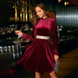 Velvet Party Dress Elegant A Line Silhouette Half High Neck Waist Defining Comfortable Fit Perfe