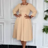 Plus Size Womens Dress Elegant Solid Color Ruffled Design Square Neck High Waist Fashion for Cas
