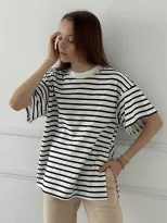 Striped Split Hem T Shirt for Women Loose Fit Short Sleeve Summer Style Casual Wear Wholesale Av