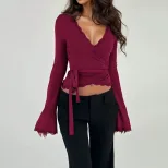 Wine Red Lace V Neck Tie Waist Flare Sleeve Crop Top Unique Design Stylish Fit Spring and Autumn