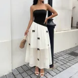 French Style Black and White Color Block Strapless Dress with Bow Detail Sweet and Chic Design f