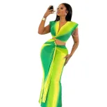 Color Block Hollow Out Bodycon Dress Gradient V Neck Long Sleeve Trendy Style Perfect for Street