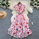Polo Neck Short Sleeve Dress for Women Slim Fit Waist Design Floral Print Summer Casual Wear