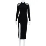 Elegant High Split Long Sleeve Dress Solid Color High Waist Rhinestone Details Perfect for Eveni