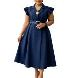 Elegant Double Breasted African Print Dress Mid Length Suit Collar Summer Style Wholesale Availa