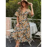 Floral Print V Neck Dress Casual Slim Fit Waist Defining Perfect for Spring Summer Outings Whole