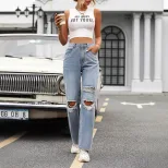 High Waisted Wide Leg Distressed Jeans Loose Fit Trendy Style Casual Wear Wholesale Available