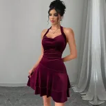 Velvet Halter Mini Dress Sexy Elegant Comfortable Spring Summer Party Wear Wholesale Available