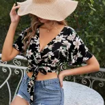 Casual Floral Print V Neck Short Sleeve Top Flared Design Versatile Style European and American