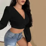 V Neck Long Sleeve T Shirt Sexy Backless Design Versatile Short Style Autumn Winter Womens Fashi