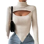 Womens Knit Crop Top Sexy Hollow Design Irregular Hem Long Sleeve Spring Summer Fashion Wholesal
