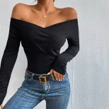 Slim Fit Long Sleeve Knit T Shirt Off Shoulder Neckline Elegant Style Comfortable Fabric Perfect