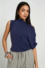 Sleeveless Asymmetrical Top Wrinkle Design Waist Defining Slim Fit Casual Summer Wear for Work W