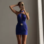 Womens Bodycon Dress Stylish Halter Neck Metal Buckle Solid Color Pleated Design Perfect for Fal