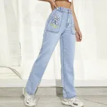 High Waisted Wide Leg Stretch Denim Pants Slim Fit Color Block Design Spring Fall Fashion Wholes