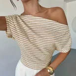 Summer Striped Short Sleeve Top One Shoulder Design Fitted Waist Versatile Knit Casual Office We