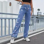 High Waisted Straight Leg Jeans Fashionable Heart Embroidery Casual Wear for Women Pre Order Ava