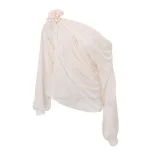 Womens Long Sleeve T Shirt Sheer Mesh Floral Decoration Asymmetrical Shoulder Trendy Street Styl